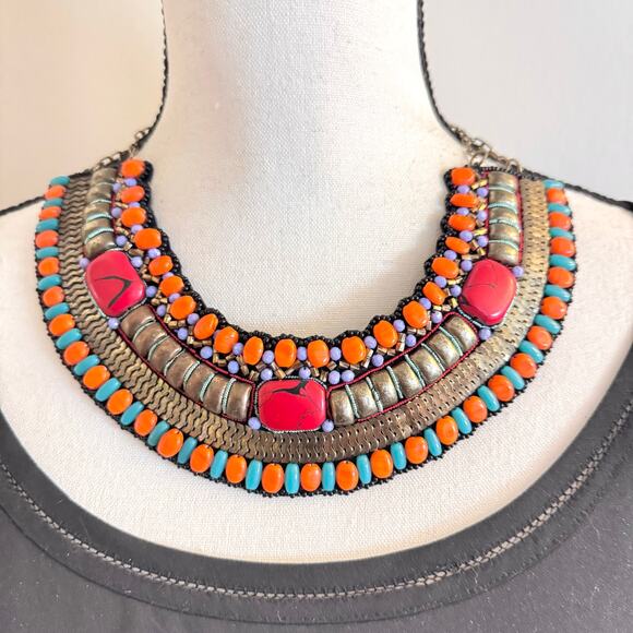 Oliver Bonas Beaded Tribal Ethnic Bib Necklace Embellished Patina Statement Boho - Picture 1 of 16
